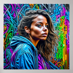 Pretty Graffiti Street Art Colourful Woman Blank Poster