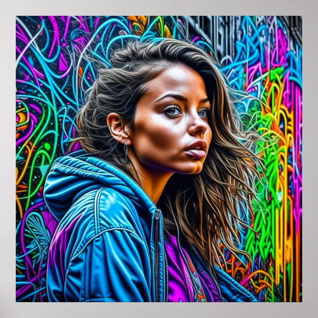 Pretty Graffiti Street Art Colourful Woman Poster (Front)
