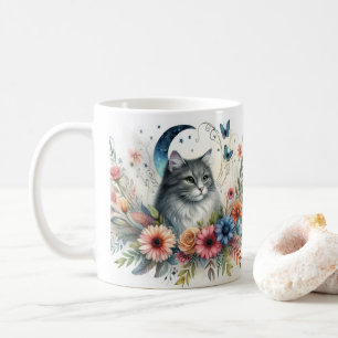 Pretty Gray Cat Portrait with Flowers Mug