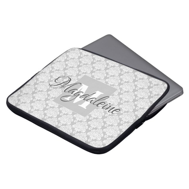 Pretty Gray Damask Lace Pattern Monogram & Name Laptop Sleeve (Front Top)