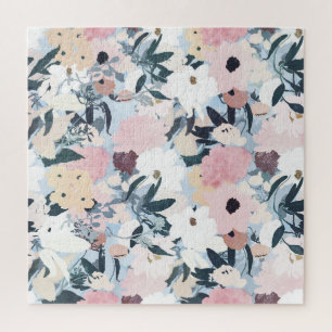 Pretty Grayish Blue Watercolor Pink & White Floral Jigsaw Puzzle