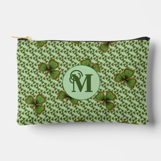 Pretty Green and Gold Irish Shamrocks Monogram Accessory Pouch (Front)