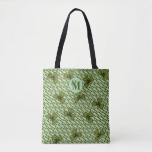 Pretty Green and Gold Irish Shamrocks Monogram Tote Bag