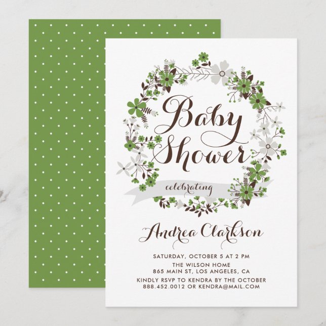 Pretty Green and Grey Floral Wreath Baby Shower Invitation (Front/Back)