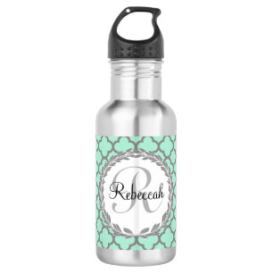 Pretty Green and Grey Quatrefoil Monogram Laurel 532 Ml Water Bottle