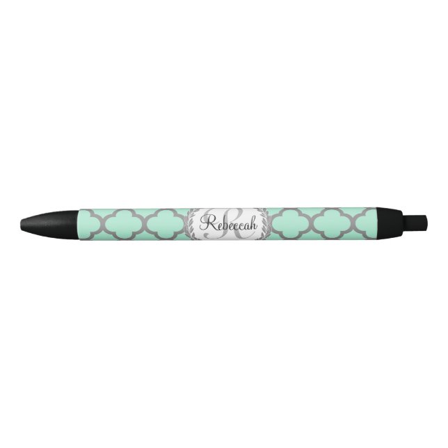 Pretty Green and Grey Quatrefoil Monogram Laurel Black Ink Pen (Front)