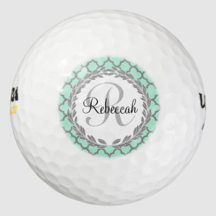 Pretty Green and Grey Quatrefoil Monogram Laurel Golf Balls