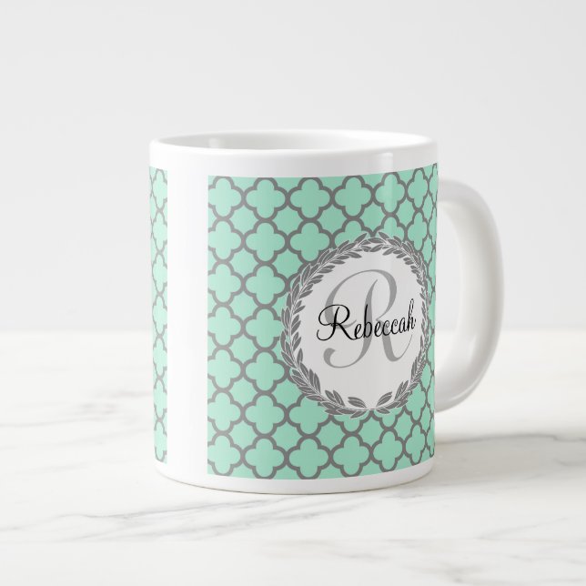 Pretty Green and Grey Quatrefoil Monogram Laurel Large Coffee Mug (Front Right)