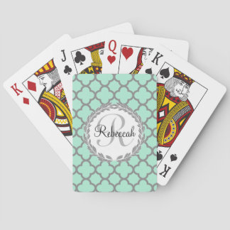 Pretty Green and Grey Quatrefoil Monogram Laurel Playing Cards