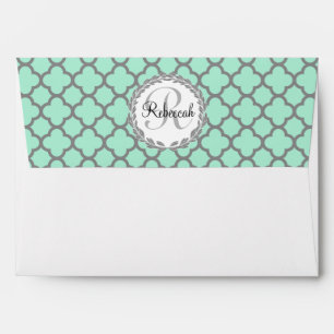 Pretty Green and Grey Quatrefoil Monogram Name Envelopes