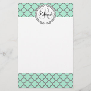 Pretty Green and Grey Quatrefoil Monogram Name Stationery