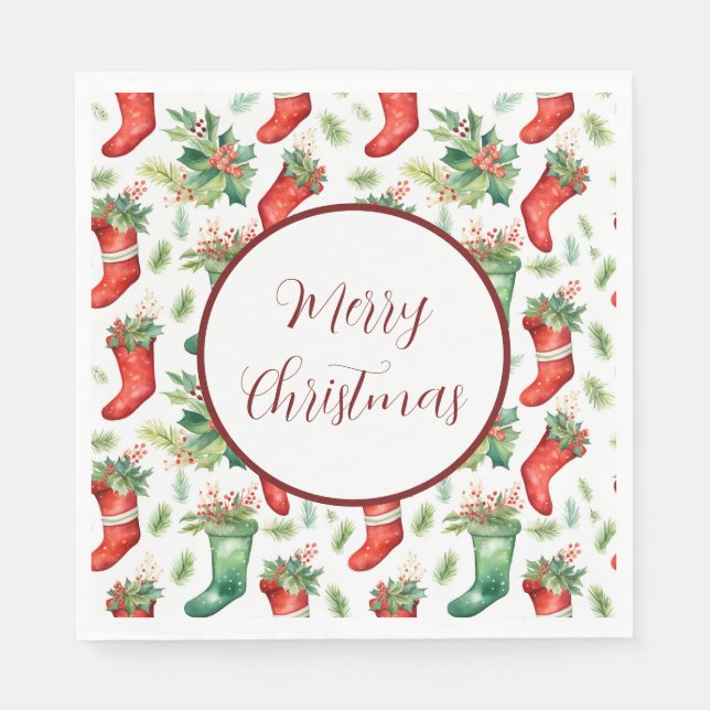Pretty Green and Red Watercolor Stockings Napkin (Front)