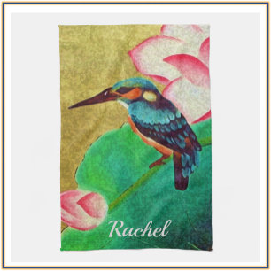 Pretty Green Bird and Flower  Tea Towel