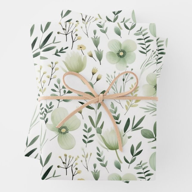 Pretty Green Botanical Floral Pattern Wrapping Paper Sheet (In situ)