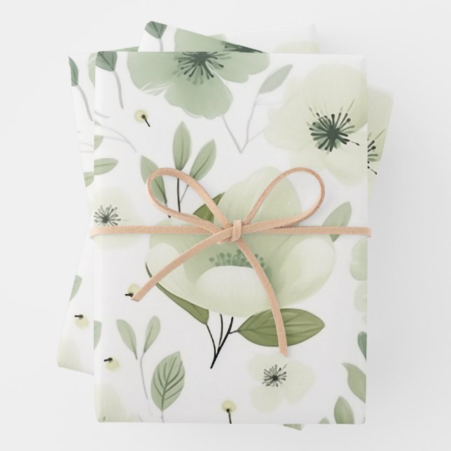 Pretty Green Botanical Floral Pattern Wrapping Paper Sheet (In situ)