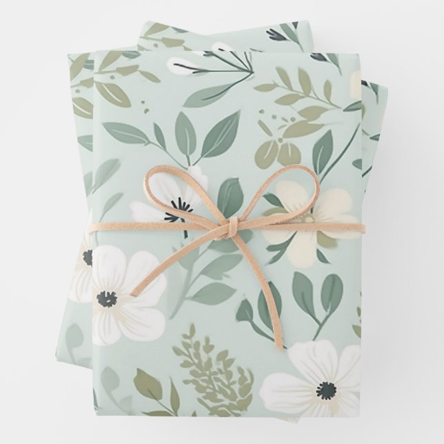 Pretty Green Botanical Floral Pattern Wrapping Paper Sheet (In situ)