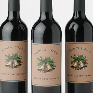 Pretty Green Bow Christmas Bells Custom Name Wine Label
