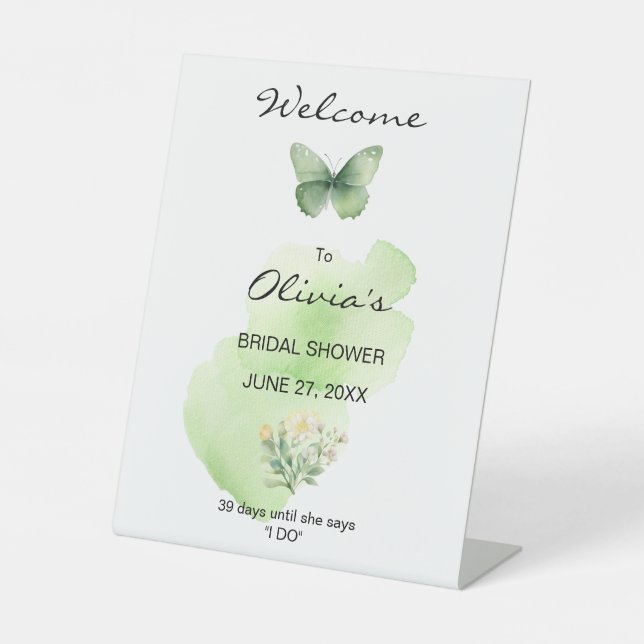 Pretty green Butterflies Bridal Shower Pedestal Sign (Front)
