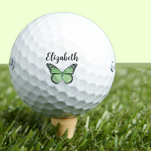 Pretty green butterfly with custom name ladies golf balls
