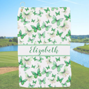 Pretty green butterfly with custom name womens golf towel