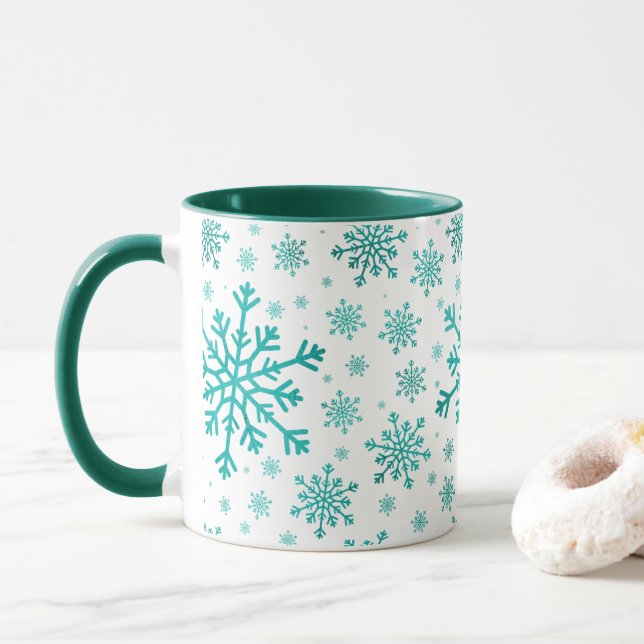 Pretty Green Christmas Snowflakes on Winter White Mug (With Donut)