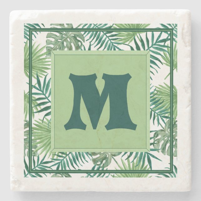 Pretty Green Fern Monogram M Marble Stone Coaster (Front)