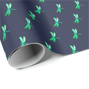 Pretty Green Firefly Pattern on Dark Blue Wrapping Paper