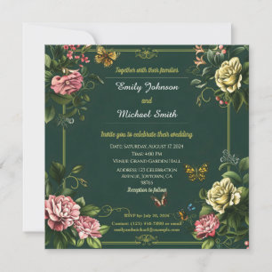 Pretty green floral and butterfly wedding design invitation