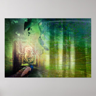 Pretty Green Gates of Paradise Peacock Forest Poster