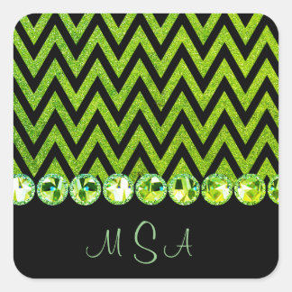 Pretty Green Glitter Bling Glam Chevron Monogram Square Sticker