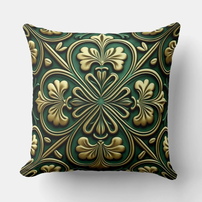 PRETTY GREEN & GOLD IRISH CELTIC KNOTS CUSHION (Front)