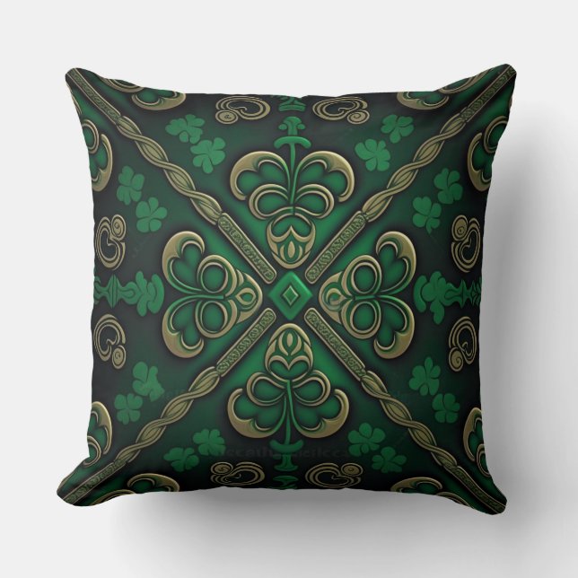 PRETTY GREEN & GOLD IRISH CELTIC KNOTS CUSHION (Front)