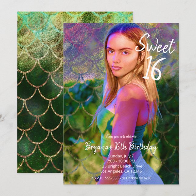 Pretty Green Gold Mermaid Photo Sweet 16 Party   Invitation (Front/Back)