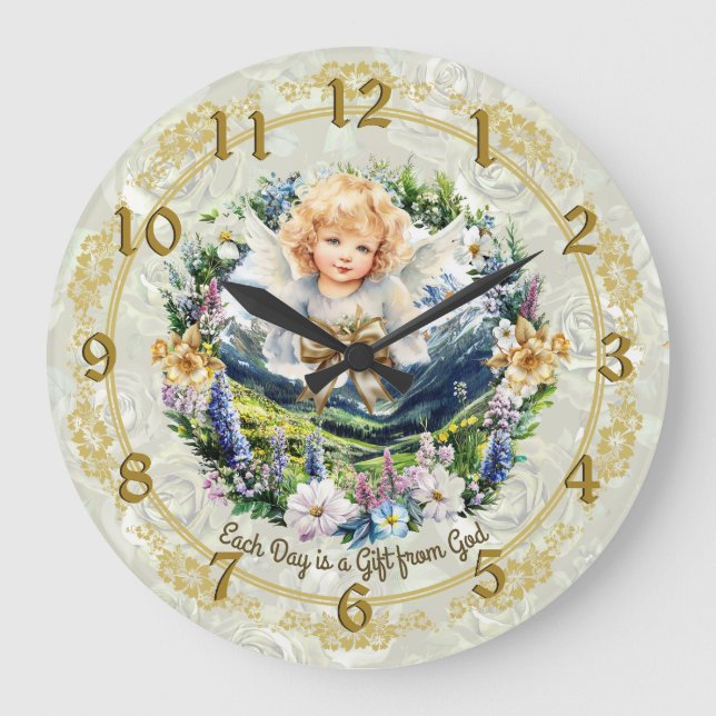 Pretty Green Inspirational Angel Cherub  Large Clock (Front)