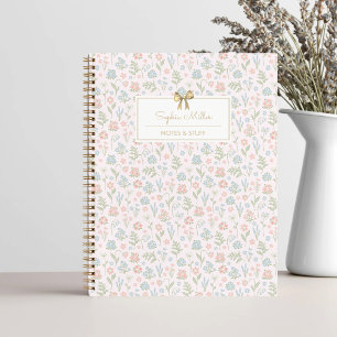 Pretty Green Pink Floral Pattern with Bow Monogram Notebook