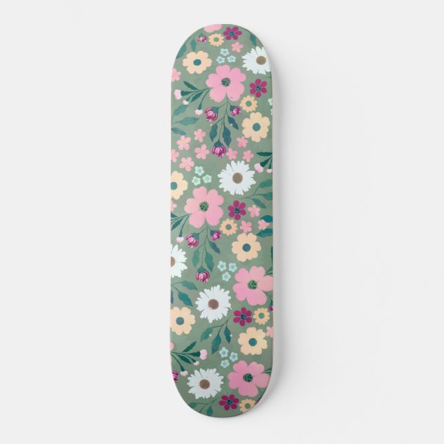 Pretty Green Pink flowers Botanical Skateboard (Front)