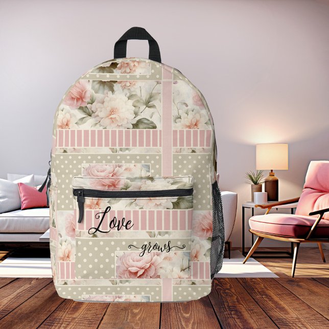 Pretty Green Pink Love Watercolor Roses Printed Backpack (Backpack featuring a pattern with pretty watercolor roses on pink and green with stripes and dots)