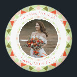 Pretty Green Red Wedding Keepsake Photo Gift Magnet<br><div class="desc">Pretty Green and Red Wedding Keepsake Photo Gift Magnets. In spring and summer colours of green and pastel sugar pink and bright red . A springtime and summertime modern geometric pattern round border surrounds the picture in the middle. Replace the photo on this budget friendly fridge magnet with a picture...</div>