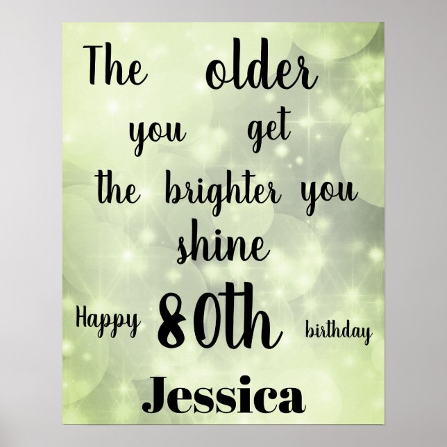 Pretty Green sparkle 80th Birthday Name Poster (Front)