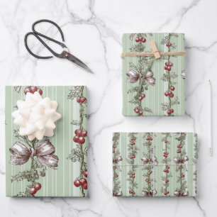 Pretty Green Toile Christmas Berries And Bows Wrapping Paper Sheet