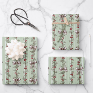 Pretty Green Toile Christmas Berries And Bows Wrapping Paper Sheet