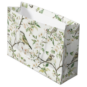Pretty Green White Flowers Birds Bridal Shower Large Gift Bag