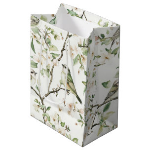 Pretty Green White Flowers Birds Bridal Shower Medium Gift Bag