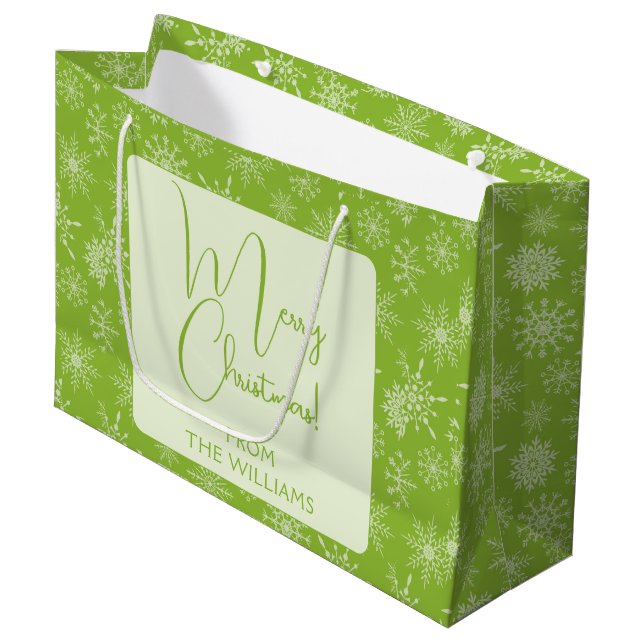 Pretty Green White Snowflakes Christmas Holiday Large Gift Bag (Front Angled)