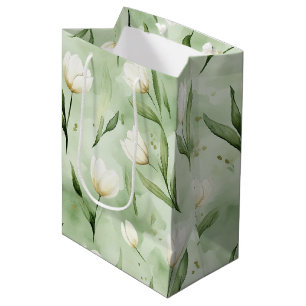 Pretty Green White Tulips Bridal Shower Medium Gift Bag