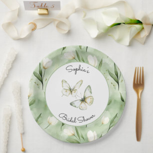 Pretty Green White Tulips Bridal Shower Paper Plate