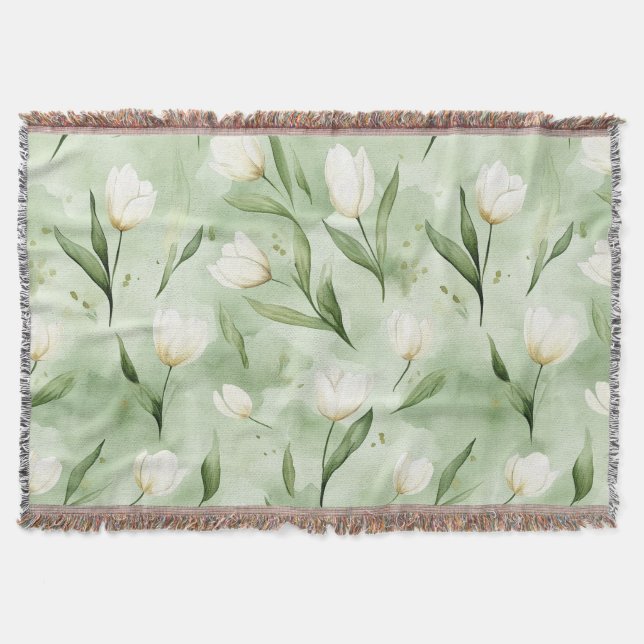 Pretty Green White Tulips  Throw Blanket (Front)