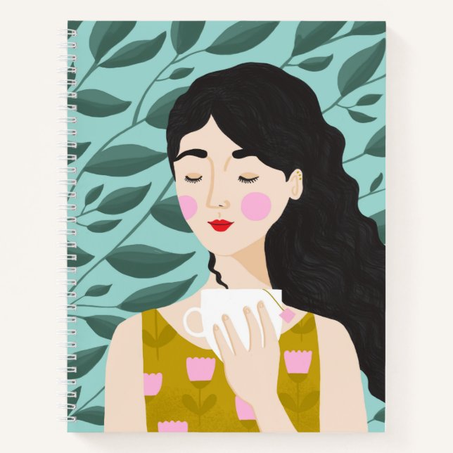 Pretty Green, Yellow, Pink Woman Tea Illustration Notebook (Front)