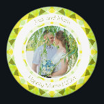 Pretty Green Yellow Wedding Keepsake Photo Gift Magnet<br><div class="desc">Pretty Green and Yellow Wedding Keepsake Photo Gift Magnets. In spring and summer colours of lime green and sunny lemon yellow. A springtime and summertime modern geometric pattern round border surrounds the picture in the middle. Replace the photo on this budget friendly fridge magnet with a picture of your own...</div>