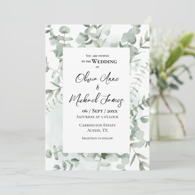 Pretty Greenery Eucalyptus Frame Modern Wedding Invitation (Standing Front)